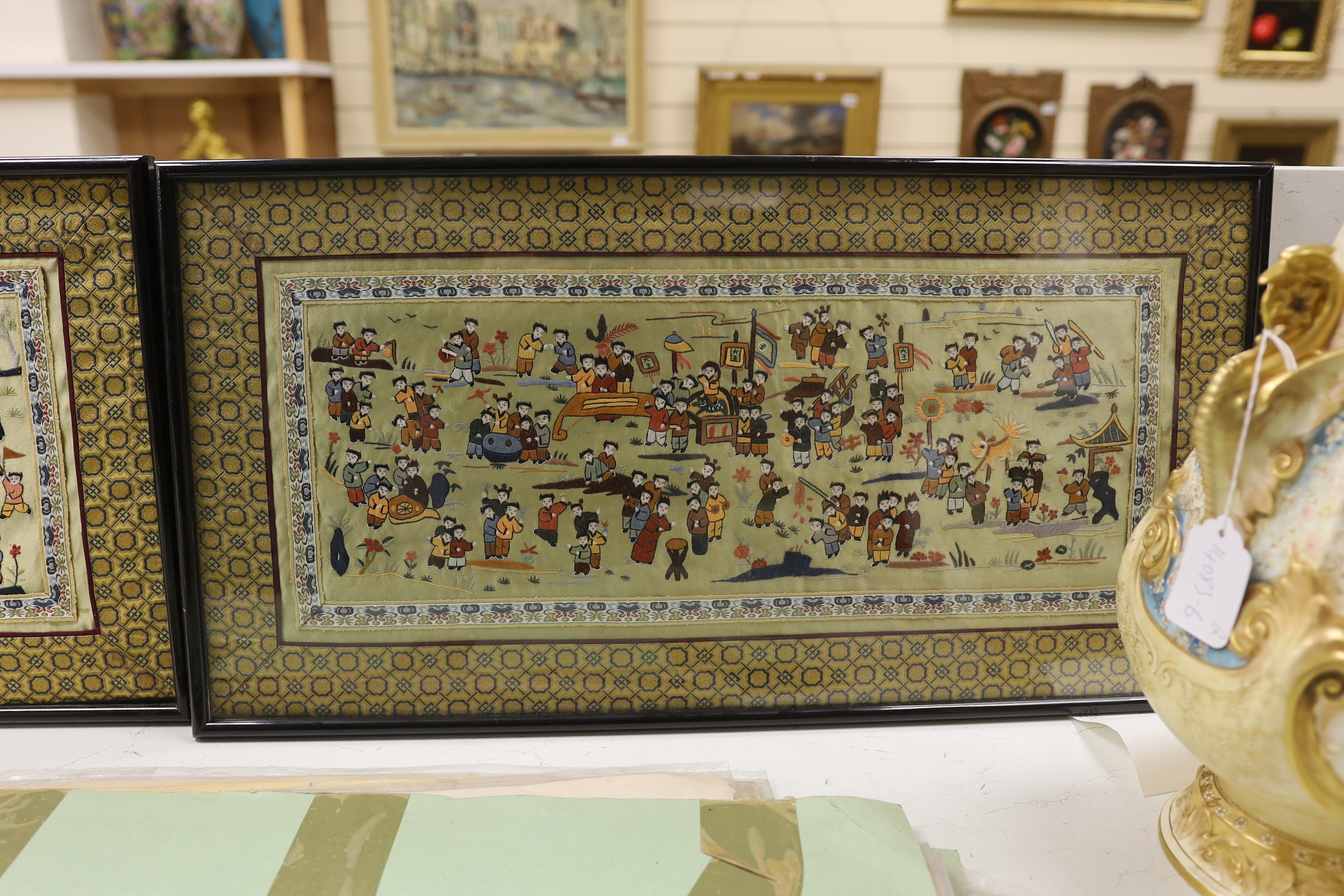 Two Chinese mid 20th century silk embroidered figurative panels with two similar Chinese floral and bird framed embroideries, all four Dordrecht with silk brocade, two figurative embroideries, 63cm wide x 32cm high